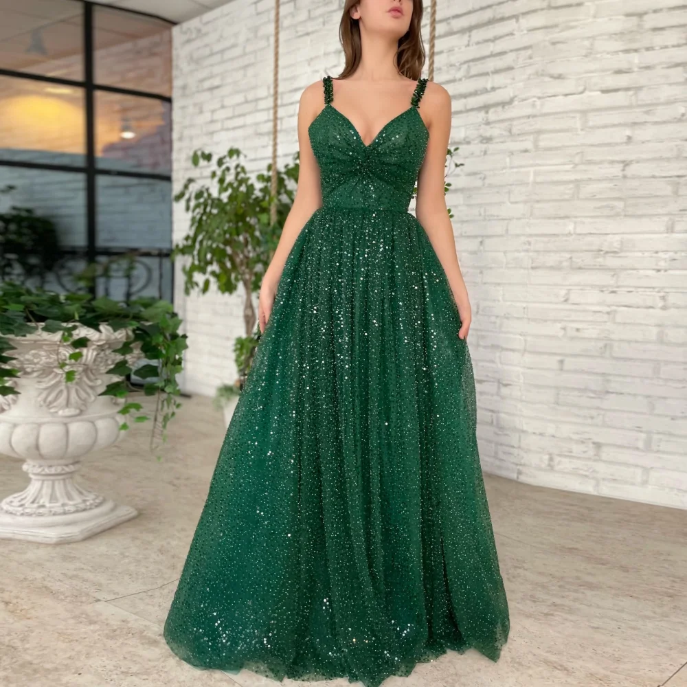 

Shiyicey A-line Elegant Chic Women Sequin Tulle Prom Dresses Long Spaghetti Straps V Neck Ball Gown Glitter Formal Evening Party