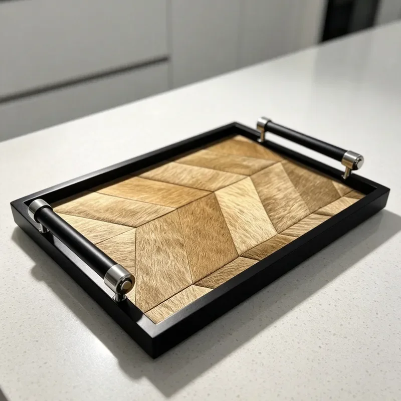 Retro Chinese Style Rectangular Tray with Handle Imitation Horsehair Texture Home Decor Storage Plate for Model House