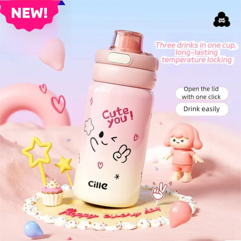 

Соломенный термос из нержавеющей стали 3 в 1, изолированный стакан с крышками, герметичная милая мультяшная бутылка для воды для студентов, идея подарка