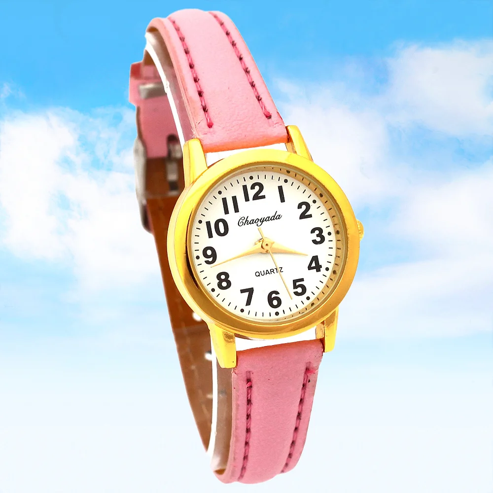 Girls Leather Quartz Watch Cute Kids Number Dial Student Wristwatch Children's Timepiece
