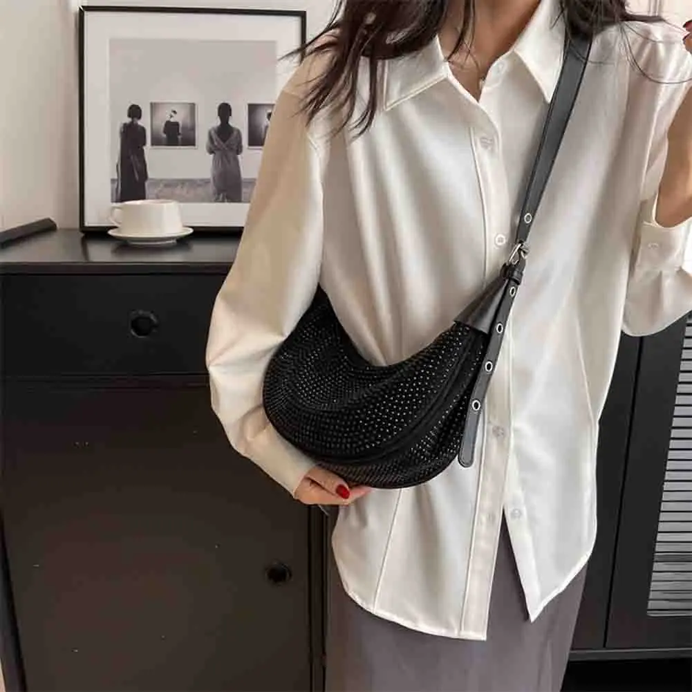 Fashion Rhinestones Crescent Underarm Bag PU Leather Women Tote Bag Elegant Shoulder Bag Luxury Women Bags Brands Designer Bag