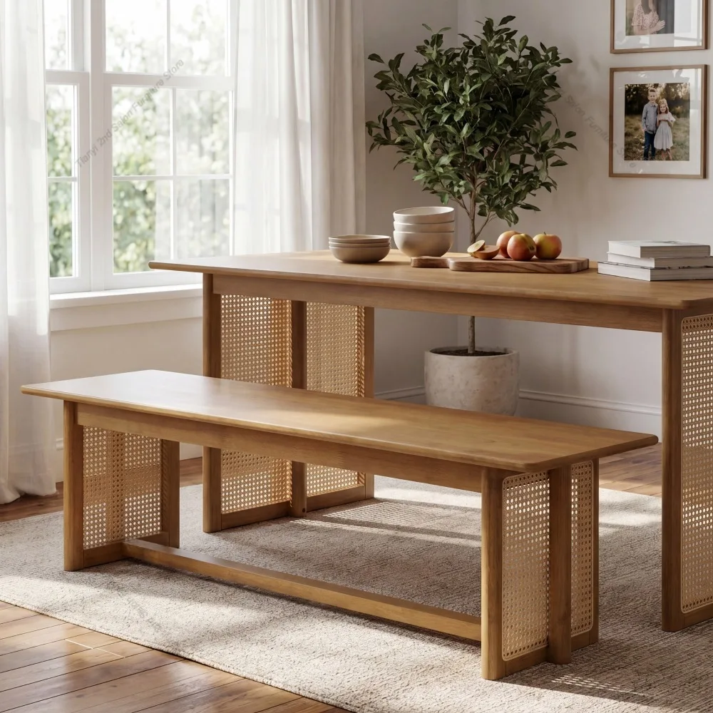 Walnut-Colored Rubber Wood Dining Table with Coffee Plastic Rattan Accents – 70.87''L Indoor Kitchen Table, 800 lbs Capacity