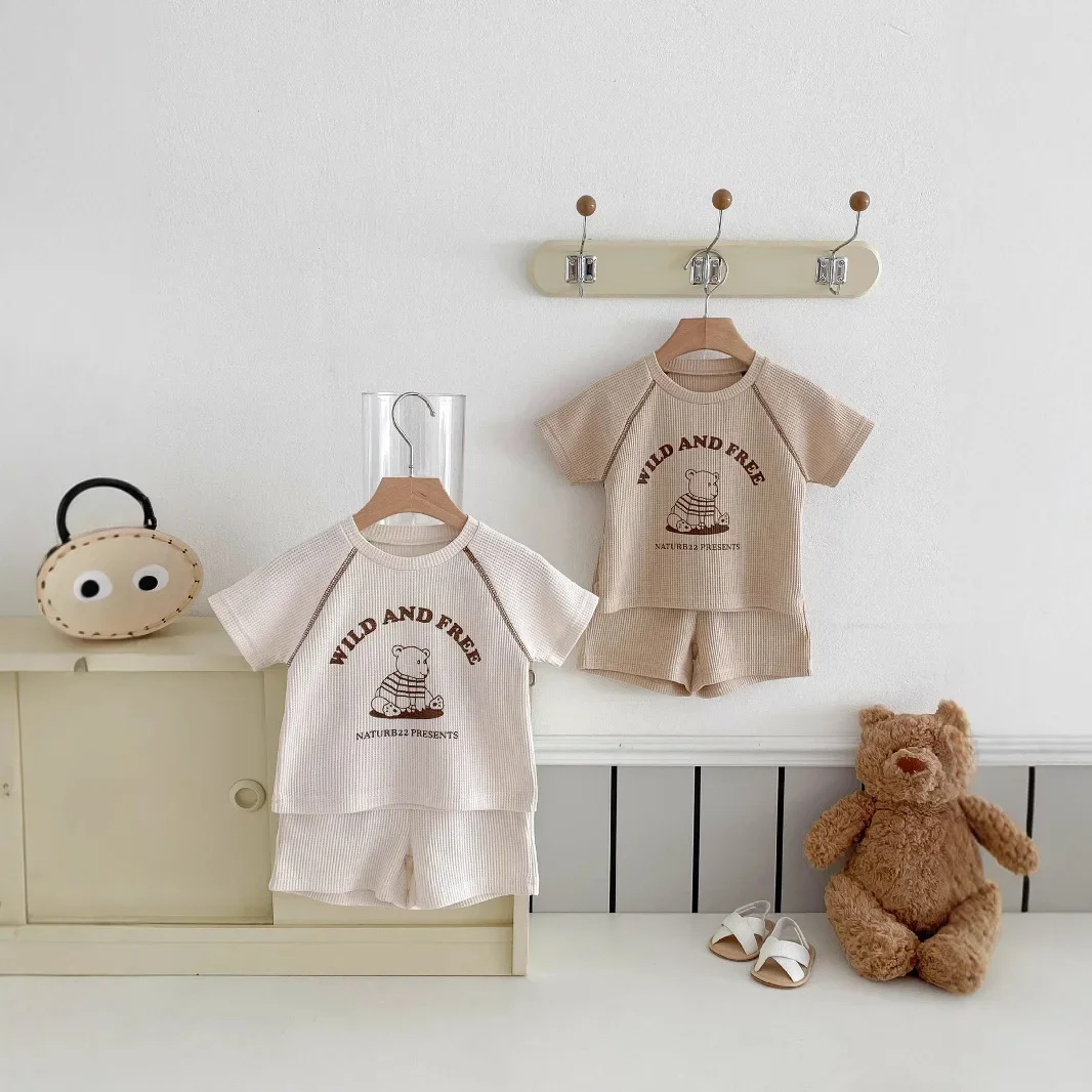 Infant and Toddler Clothing Baby 2025 Summer Casual Waffle Style Short Sleeved T-shirt Shorts Two-piece Set for Boys and Girls