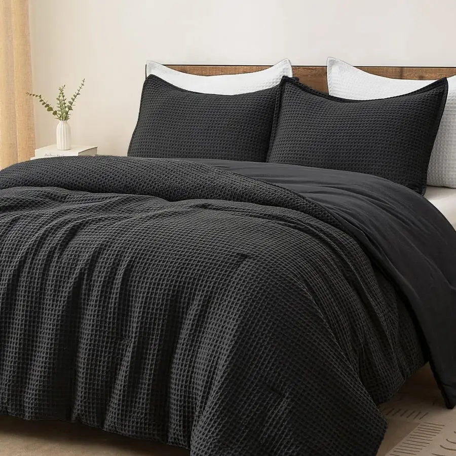 

Ultra Soft Waffle Weave Comforter Set Queen Size, 3 Pieces Lightweight Breathable Comfy Bedding Set, Comfy Textured 1 Comforter