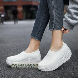 Fashion Breathable Air Mesh Women Shoes Wedges Heel Shoes Ladies Knitting Sock Sneakers Women Platform Casual Shoe Spring Autumn