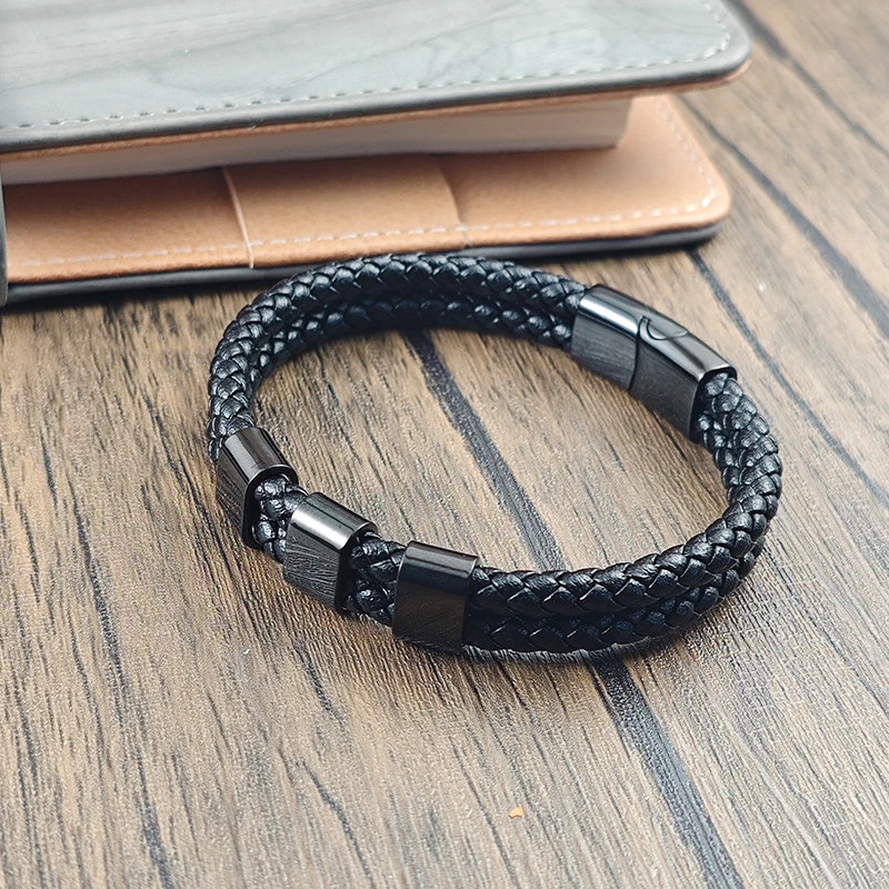 Customized Family Name Double Layer Stainless Steel Leather Bracelet Lock Bangle with Square Charm Men's Punk Jewelry Gifts
