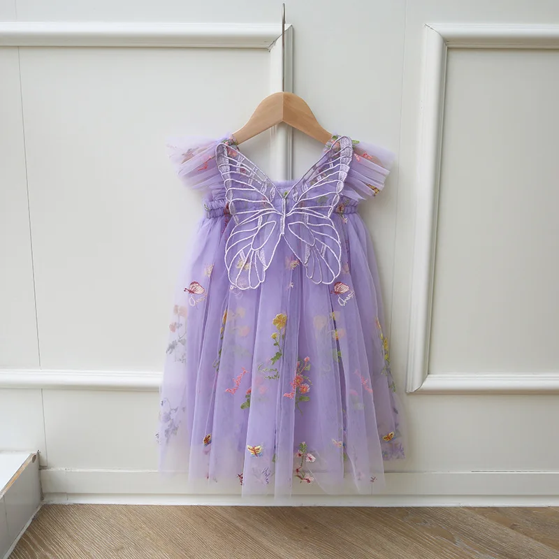 Embroidery Floral Wings Girl Dresses Baby Girl 2024 Summer New Dress Angel Kid Birthday Dress Butterfly Fairy Mesh Party Clothes