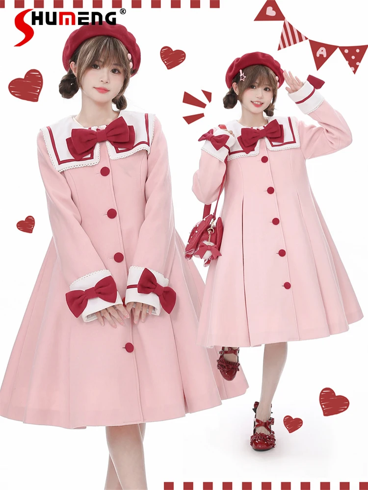 

Original Japanese Sweet Preppy Style Christmas Long Jacket Bow Tie Single-Breasted Pink Lolita Wool Coat Women Winter Overcoats