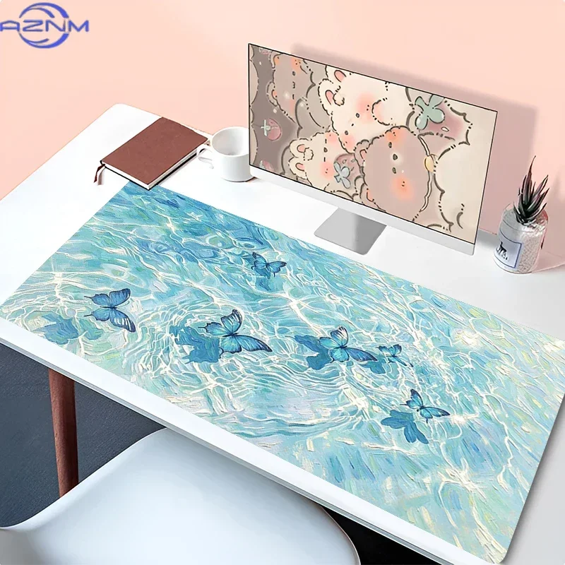 Blue Butterfly Turquoise Water Ripple Large Mousepad, Non-Slip Rubber Waterproof Extended Desk Mat, Pool Surface Butterfly Art M