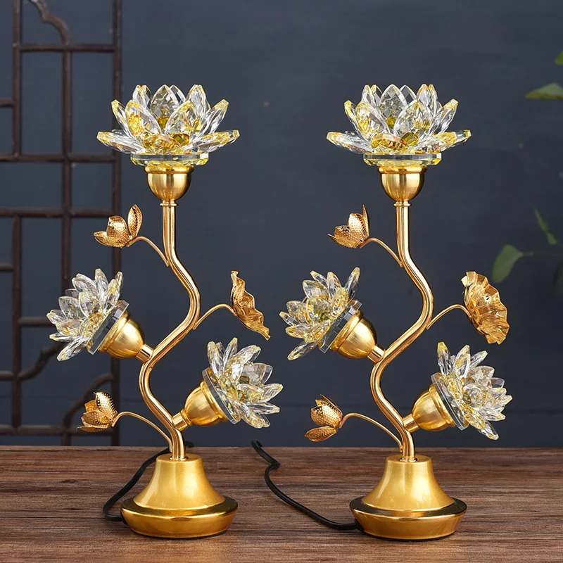 A Pair 2P Buddhism Taoism HOME Temple Shrine altar worship Guan yin buddha lotus flower 7 colour crystal Plug-in buddha lamp