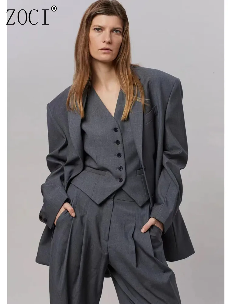 

ZOCI Fashion Women's Blazer Shoulder Pad Suit Single Breasted Wool Blend Coat Silhouette Suit Office Lady 2025 Spring New