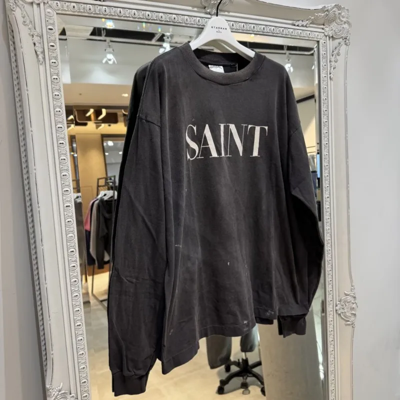Vintage Washed Balck Splashed Ink Saint Long Sleeved Tshirts White Letter Print 666 Round Neck Pullover Men Women Streetwear