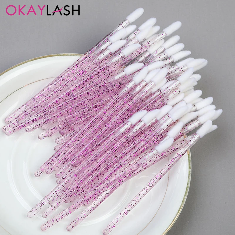 Okaylash Disposable Glitter Lip Gloss Brush Eyelash Extension Cleaning Brushes Crystal Lipstick Applicators Cleaner Makeup Tools