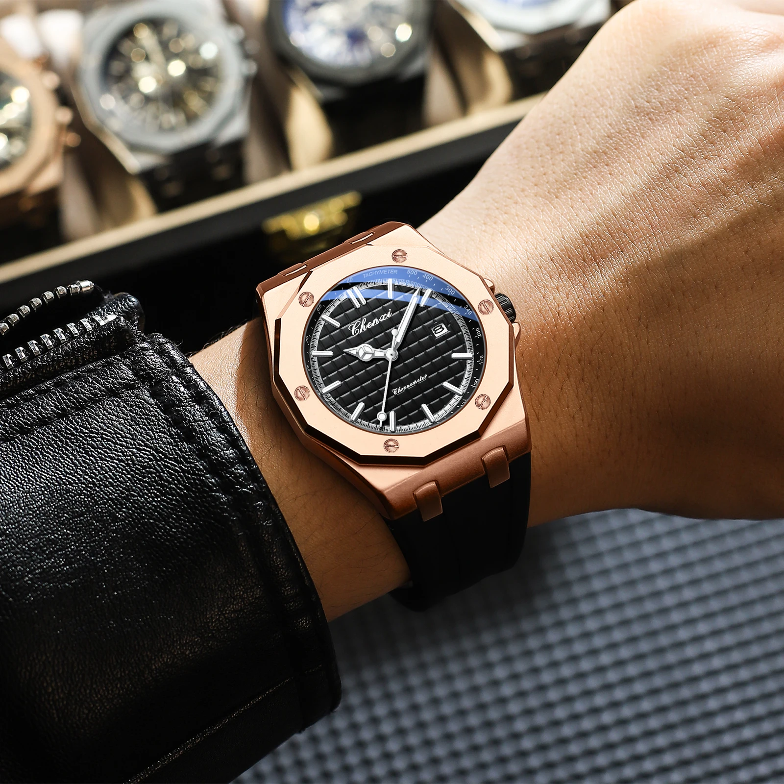 CHENXI 8268 남성용 럭셔리 시계 탑 브랜드 컴팩트 실리콘 방수 달력 야광 남성용 텍스처 시계 선물 reloj hombre