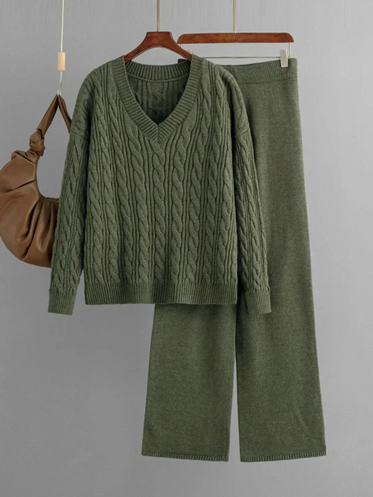 Two Piece Pant Sets Loungewear Women 2024 Knitted Sweater Suits Casual V-neck Elegant Women's Sweater Wide Leg Pant Home Suit