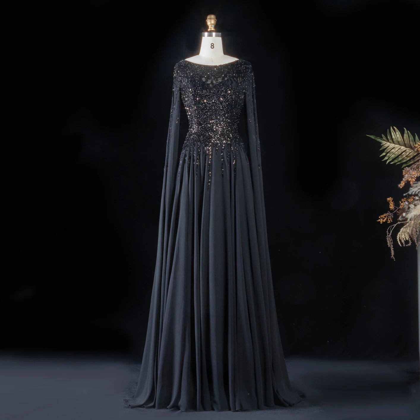 Sharon Said Abendkleid Luxuriöses A-Linien-Kleid mit Pailletten, Cape-Ärmeln und Perlen für Hochzeit, Abschlussball, Dubai, formelle Party, Ballkleid SS105, maßgeschneidert – Detail 19