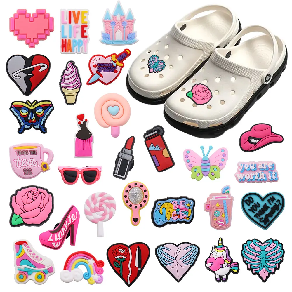 New Arrival 1pcs PVC Shoe Charms Live Life Happy Heart Rainbow Candy Butterfly Be Nice Hat Hole Shoes Decorations for Bands