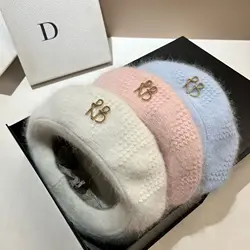 Real Rabbit Fur Knitted Berets for Women Autumn Winter Beanie French Painter Hat Lady Warm Walking Bonnet Hat Femme Gorra