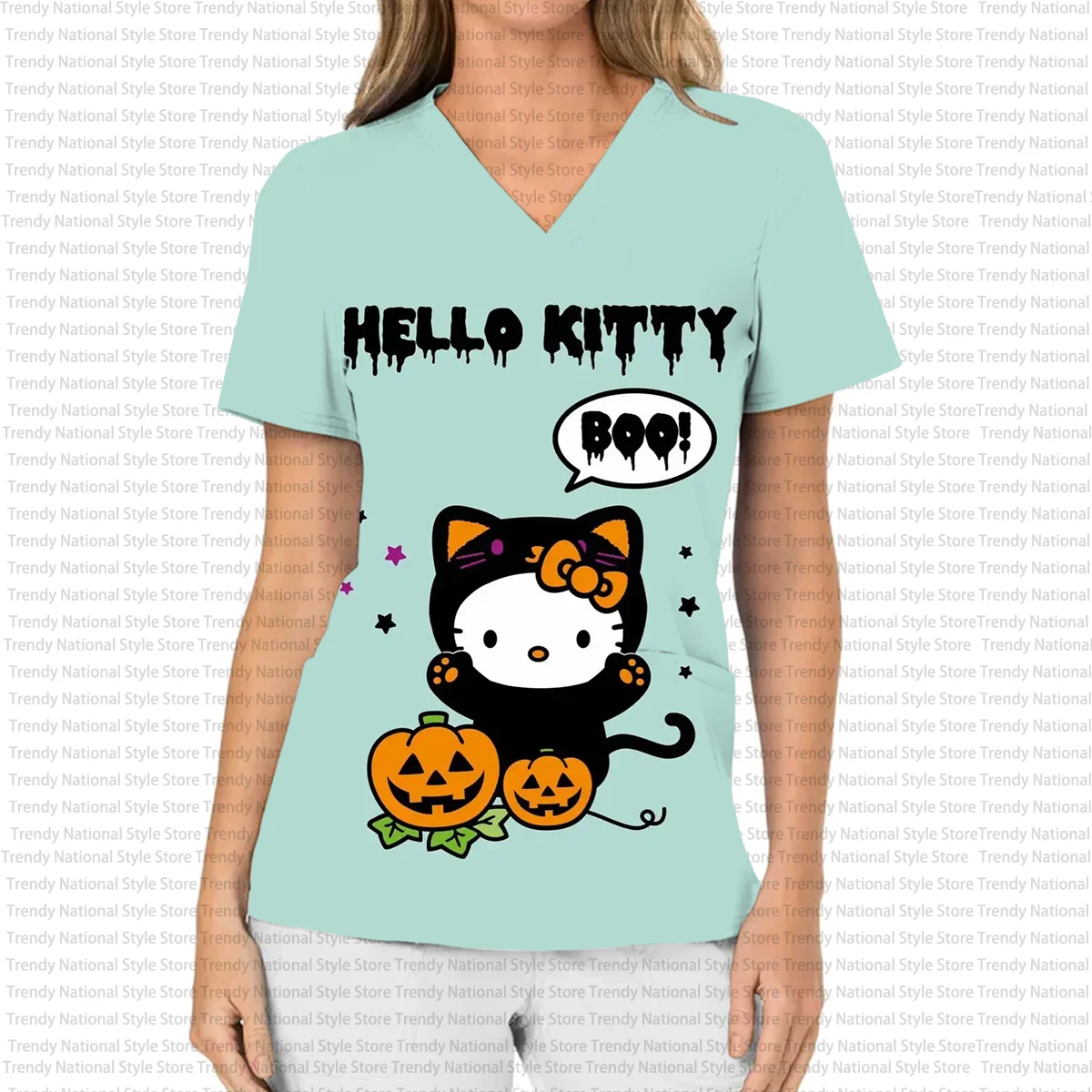 

Новая женская рабочая униформа: повседневный модный комплект для поездок на работу, топ с V-образным вырезом и коротким рукавом Hello Kitty, футболка с принтом для стоматологов и зоомагазинов