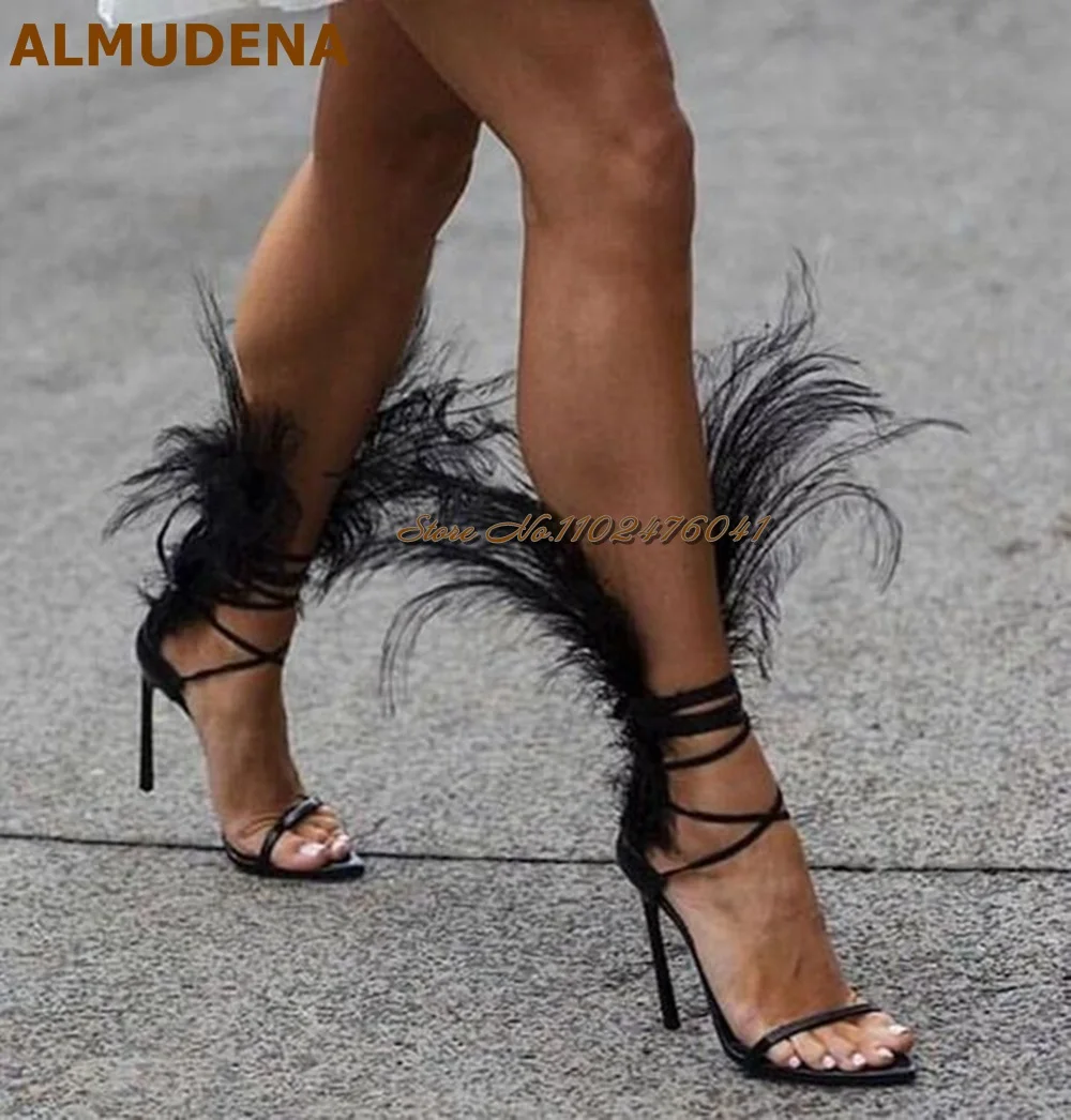 

ALMUDENA Women Designer Black White Feather High Heel Sandals Lace-up Strappy Gladiator Feather Shoes Stiletto Heels Stage Pumps