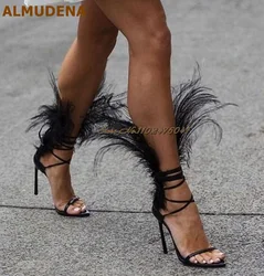 ALMUDENA Women Designer Black White Feather High Heel Sandals Lace-up Strappy Gladiator Feather Shoes Stiletto Heels Stage Pumps