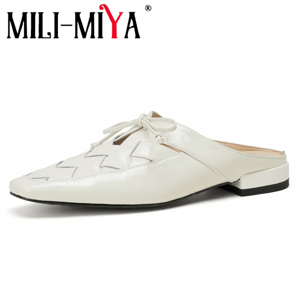 MILI-MIYA Women Square Toe Full Sheepskin High Heels Shoes Woven Upper Thick Heel Bow Tie Solid Color Casual Pumps Handmade