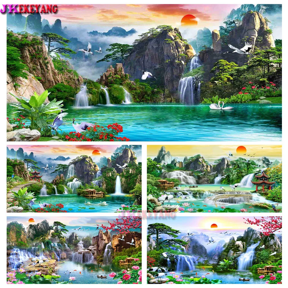 5d diy diamond embroidery waterfall and mountain lake natural crane,full square round drill diamond painting Feng shui Y5156