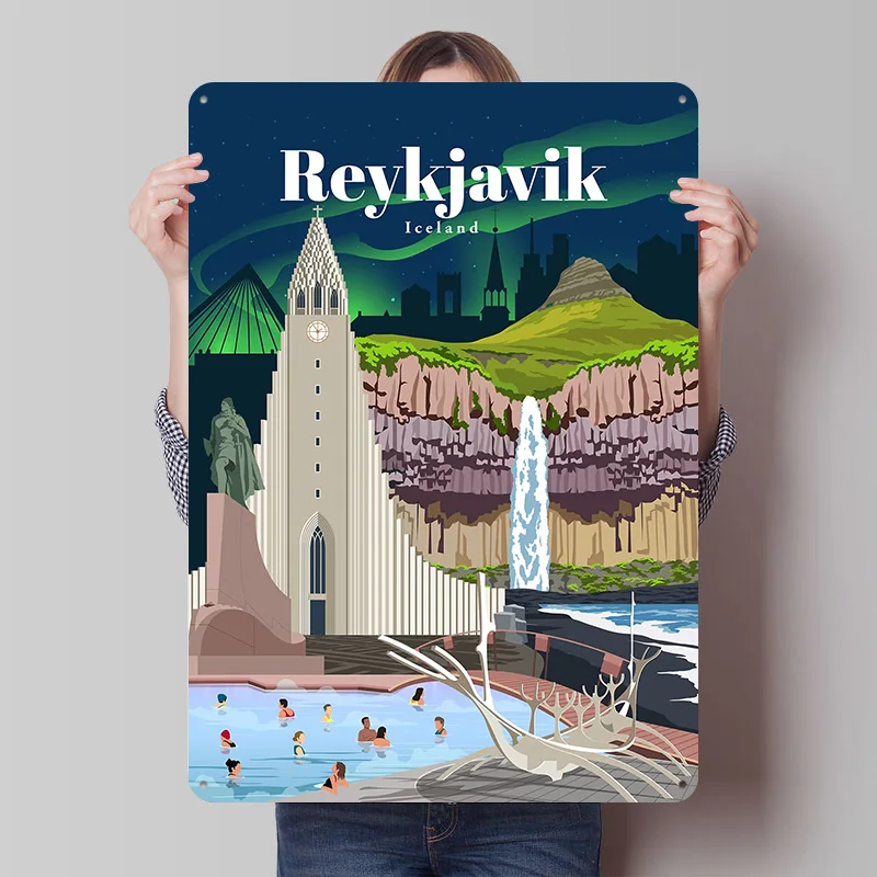 Reise nach Island Blechposter Individuelle Wandkunst Vintage Metallschilder Retro Blechplakette für Moderne Heimdekoration Ornamente Schild