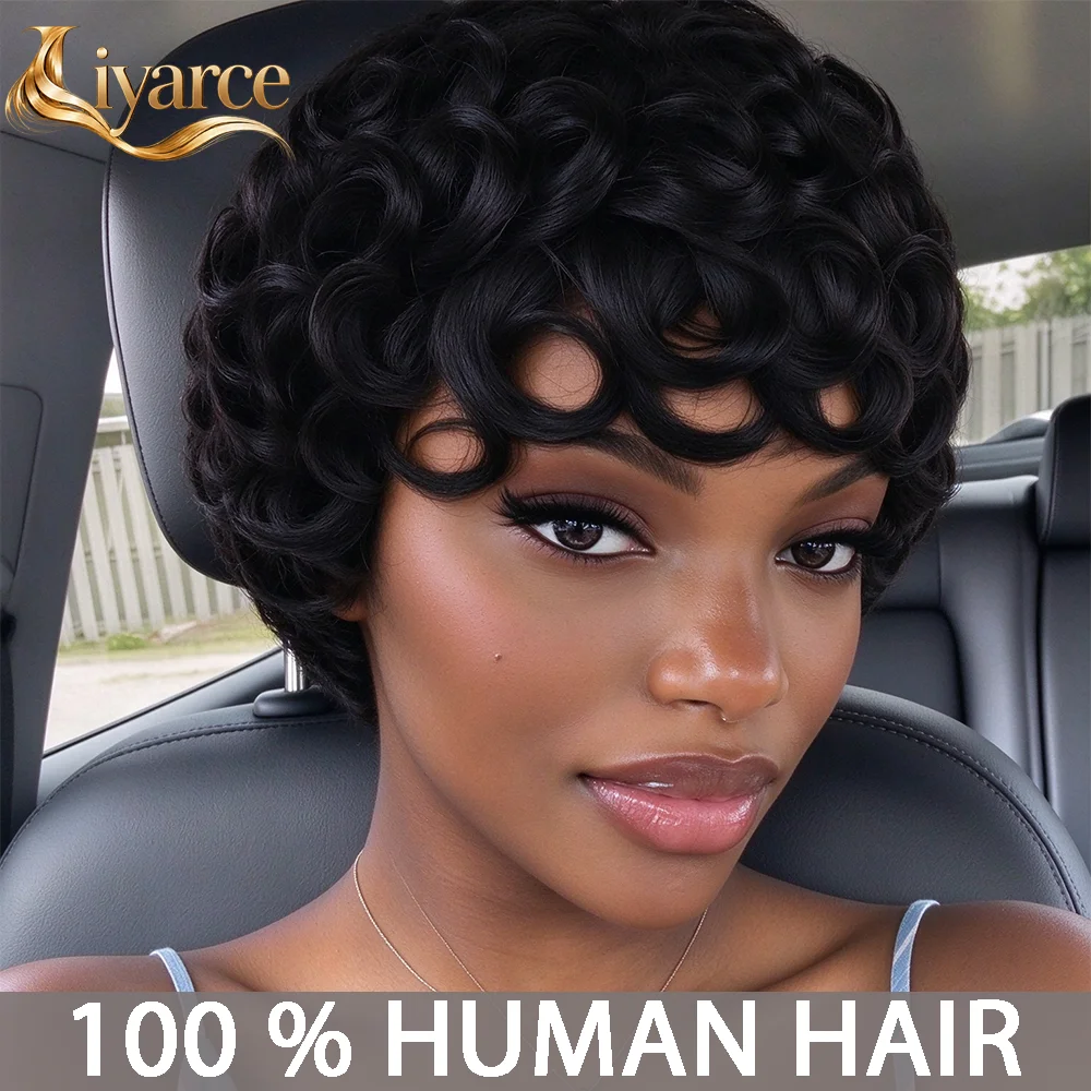Afro Kinky Curly Wigs Short Pixie Cut Wigs Human Hair for Women Bazilian Remy Hair Machine Made Cap for Daily Wear,Date Use Wig