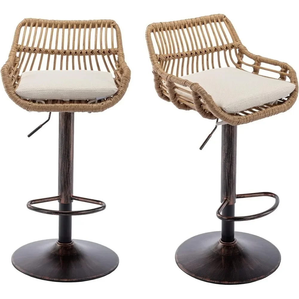 Xmsj 2-teiliges Rattan-Barhocker-Set, verstellbarer Barhocker mit Leinen kissen, 360 ° niedrige Rückenlehne und drehbarer Barhocker mit Fuß stütze