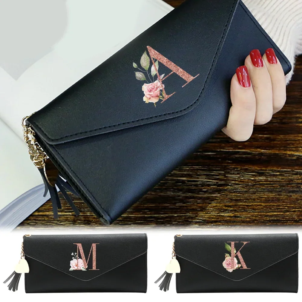 Wallet Black Small Leather Coin Purse Rfid Blocking Wallet Rose Gold Pattern Mini Purse with ID Window for Women