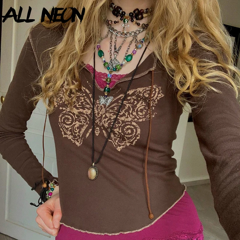 

ALLNeon 90s Vintage Butterfly Printed V-Neck Long Sleeve Pullover Blouse Autumn Women Y2K Chic Rope T-Shirts Slim Kawaii Clothes