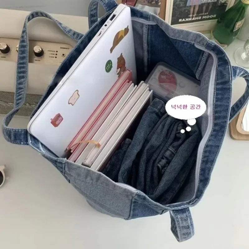 Large Capacity Canvas Shopping Bag Simple Portable Commuting Bag Denim Shoulder Bag