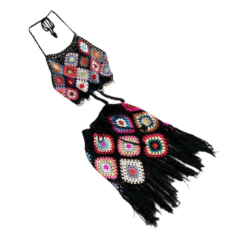 Halterneck Crochet Knit Top with Tassels Short Skirt Bohemian Outfit for Women