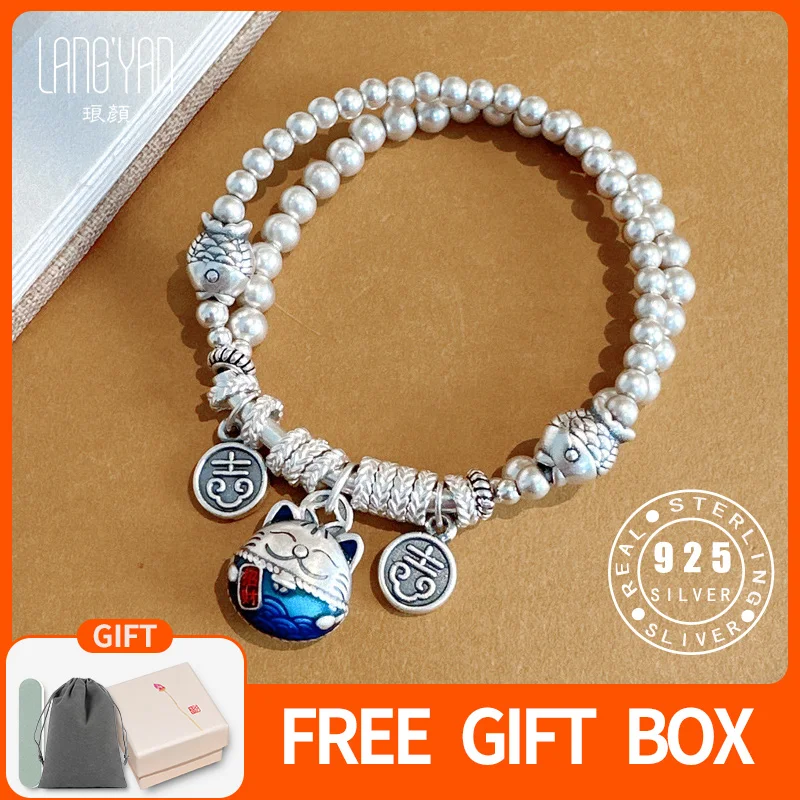 

Langyan 925 Sterling Silver Enamel Craft Cat Charms Bracelet Ethnic Double Layer Real Silver Beads Bracelets for Women SL135