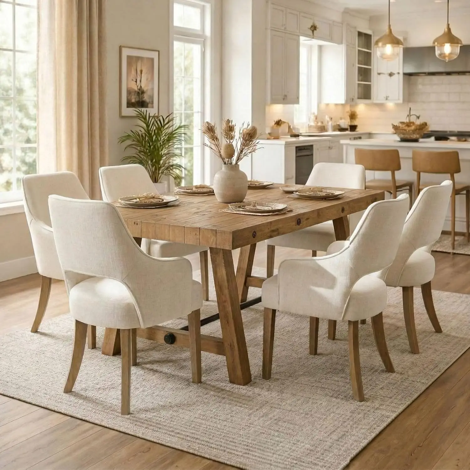 7-Piece Farmhouse Wooden Dining Room Table Set for 6, 59" Reclaimed Wood Dining Table with Upholstered Chairs, Solid Wood Kitche
