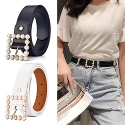New Women's Belt Fashion Pearl Buckle Belt Trend Versatile Jeans Belt PU Leather Belt Street Trend Y2K Belt Gift for Girlfriend