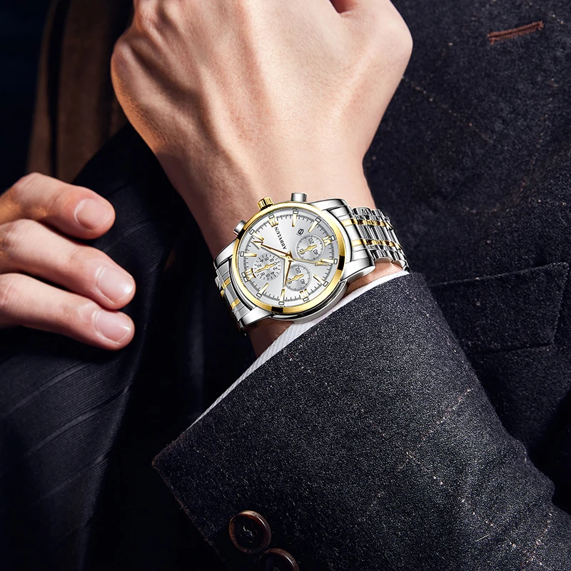 ABBYLUN 824 Men Quartz Watch Luxury Leisure Business Shockproof Analog Date Stainless Steel Strap Wrist Watch for Male Gift