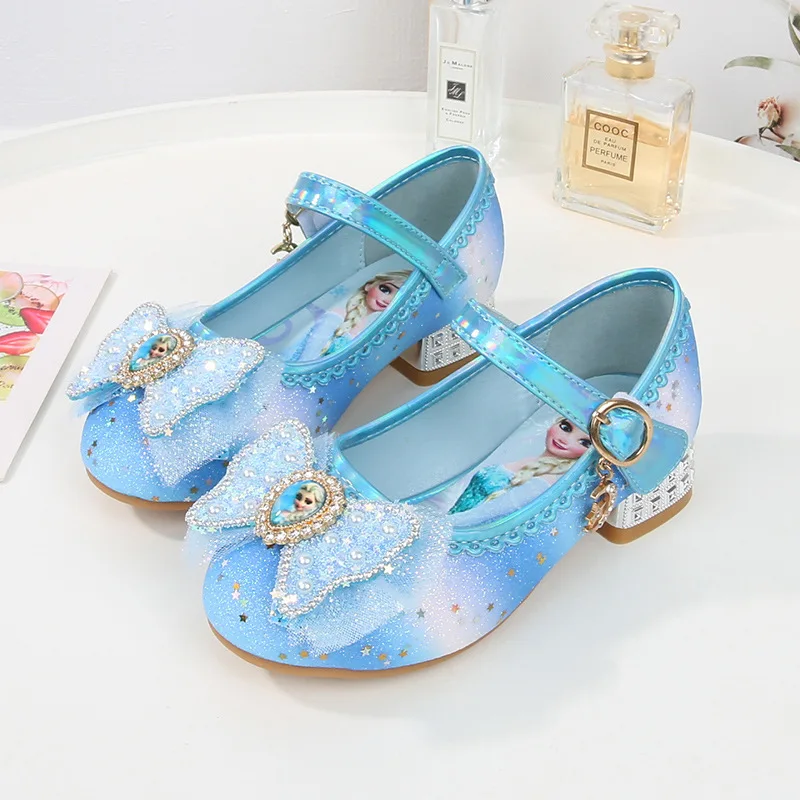 Disney Women Causal Shoes Children\'s High Heels Princess Elsa Girls\' Shiny Rainbow Crystal Leather Pink Blue Shoes Size 23-36