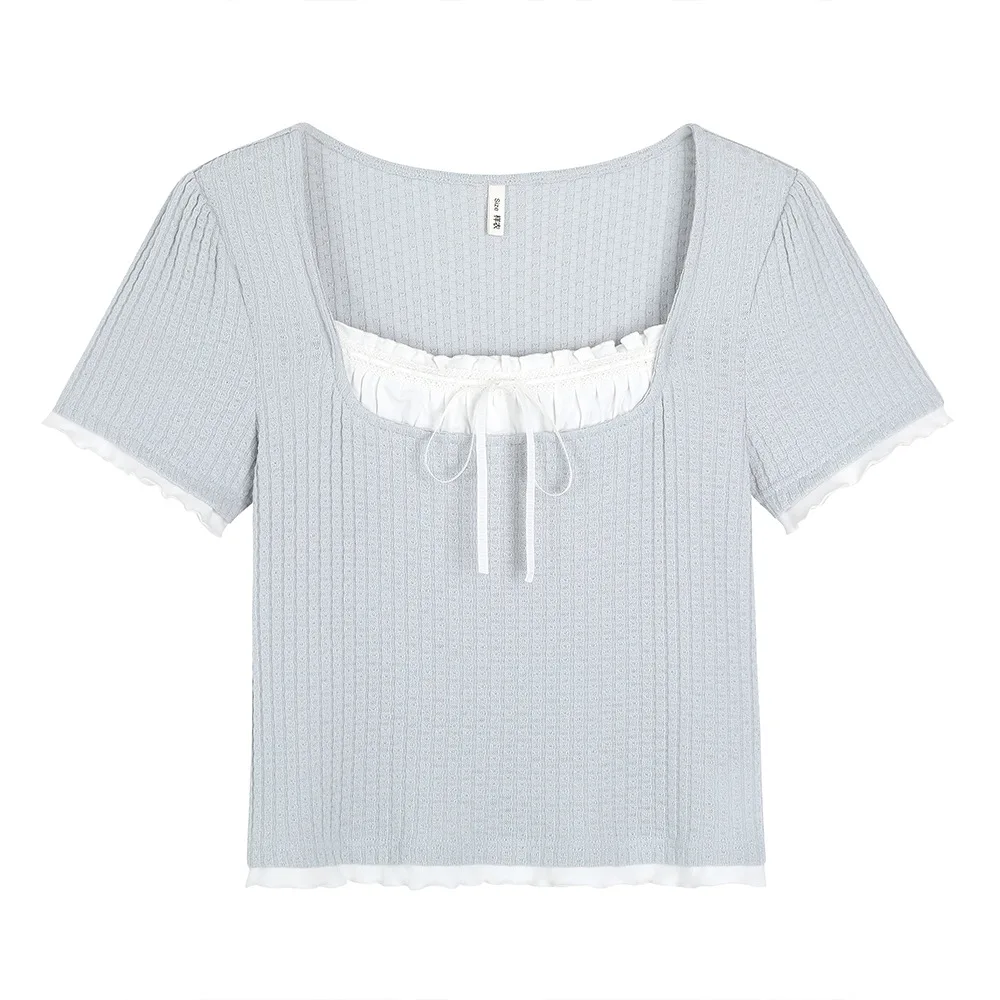 

Temperament square neck small shirt, suitable for plus size girls, loose and slimming short sleeved T-shirt white skirt set