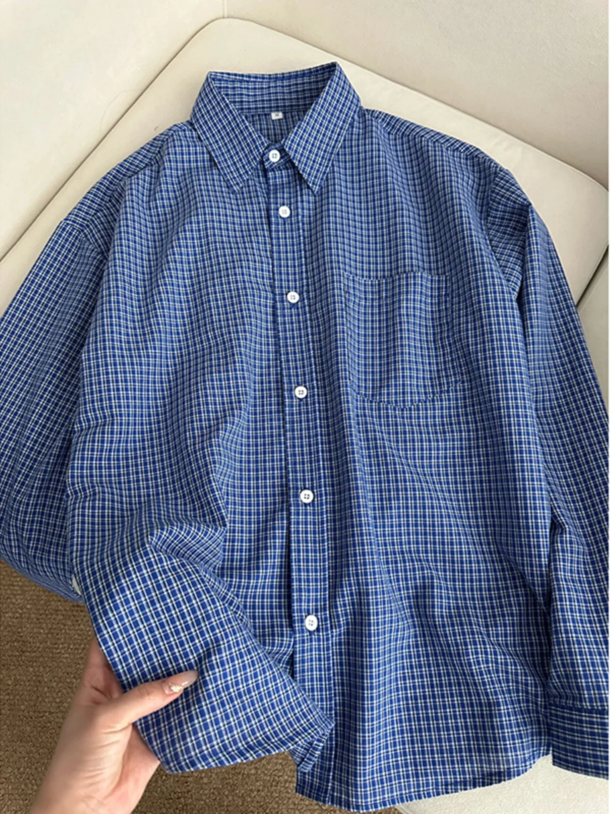 

American Retro Blue Plaid Men's Long Sleeve Shirt Lazy Style Trendy Brand Cardigan Coat Youth Popular Four Seasons Universal
