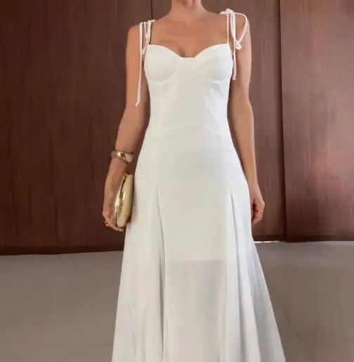 فستان صيفي جديد مثير وعصري بلون سادة برباط للنساء، فستان أنيق بخصر على شكل حرف V وشفاف شفاف