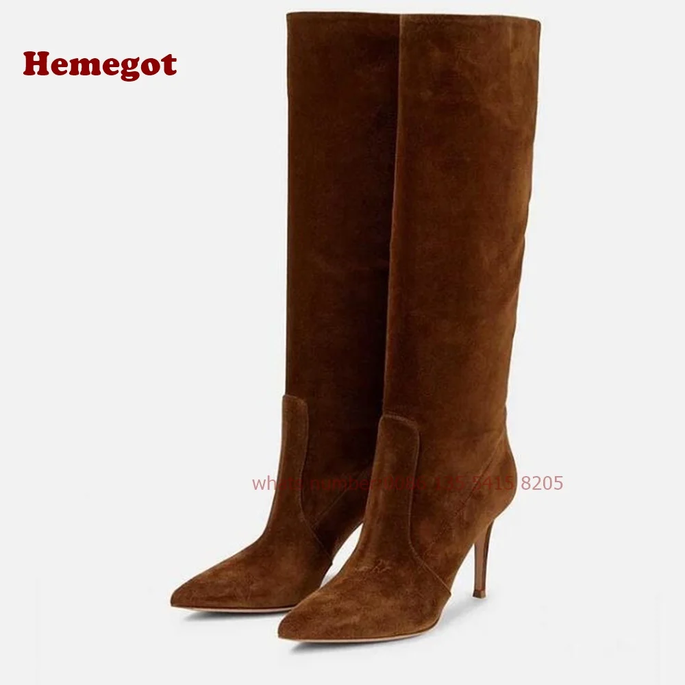 Brown Vegan Suede Wide Calf Knee High Boots with Stiletto Heel Pointy Toe Slip On Women\'s Boots Warm Winter Casual Shoes Sexy