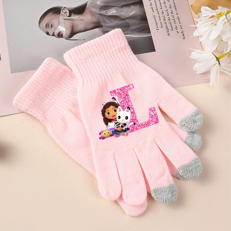 New Gabby Dollhouses Girls Gloves Cute Cartoon Letter A-Z Printed Gloved Children Winter Warm Accessories Kids Christmas Gifts