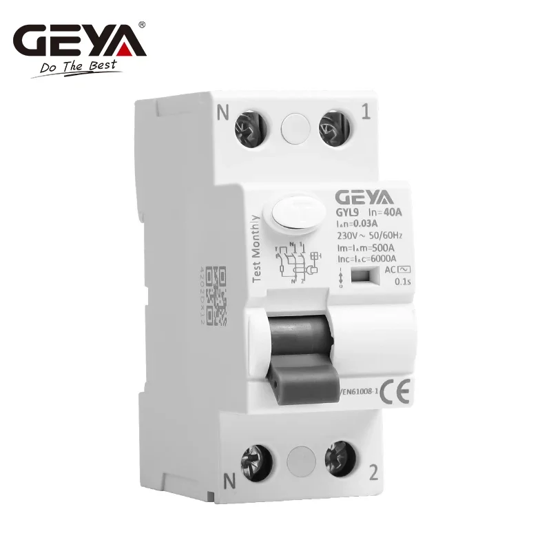 GEYA GYL9 AC Type RCCB Residual Current Circuit Breaker AC ELCB 2 Pole 25A 40A 63A 100A RCD 6KA