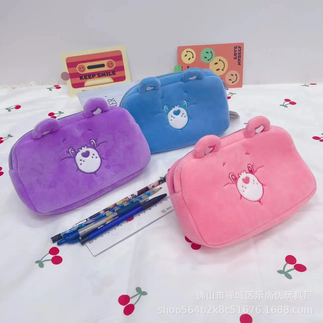 Kawaii Cartoon Carebears Rainbow Student Plush Stationery Pen Bag Large Capacity Storage Bag Children\'s Holiday Gift