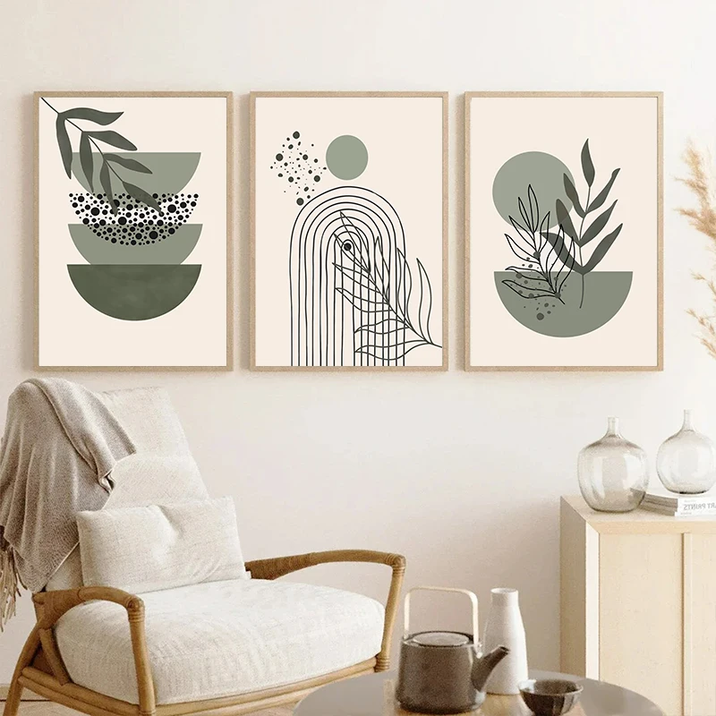 Bohemian Sage Green Canvas Painting Posters Nordic Abstract Plant Leaves Wall Art Print Pictures for Living Room Home Decoration
