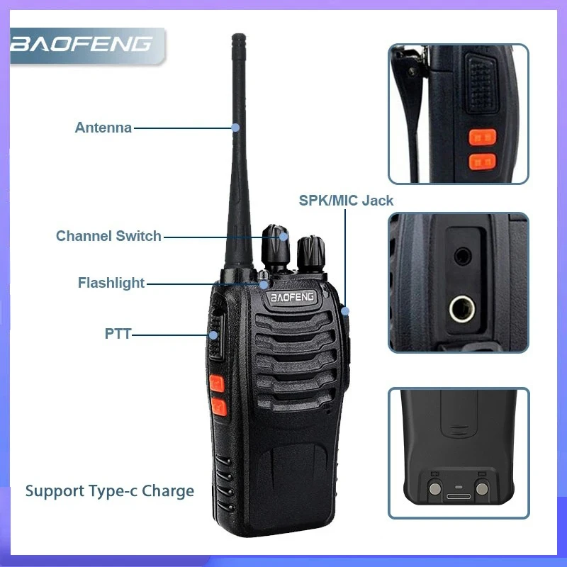 Baofeng BF-888S Pro Walkie Talkie Type-C Charging Frequency Copy Two Way Radio UHF 400-470MHz 16CH Ham Radio CB Transceiver