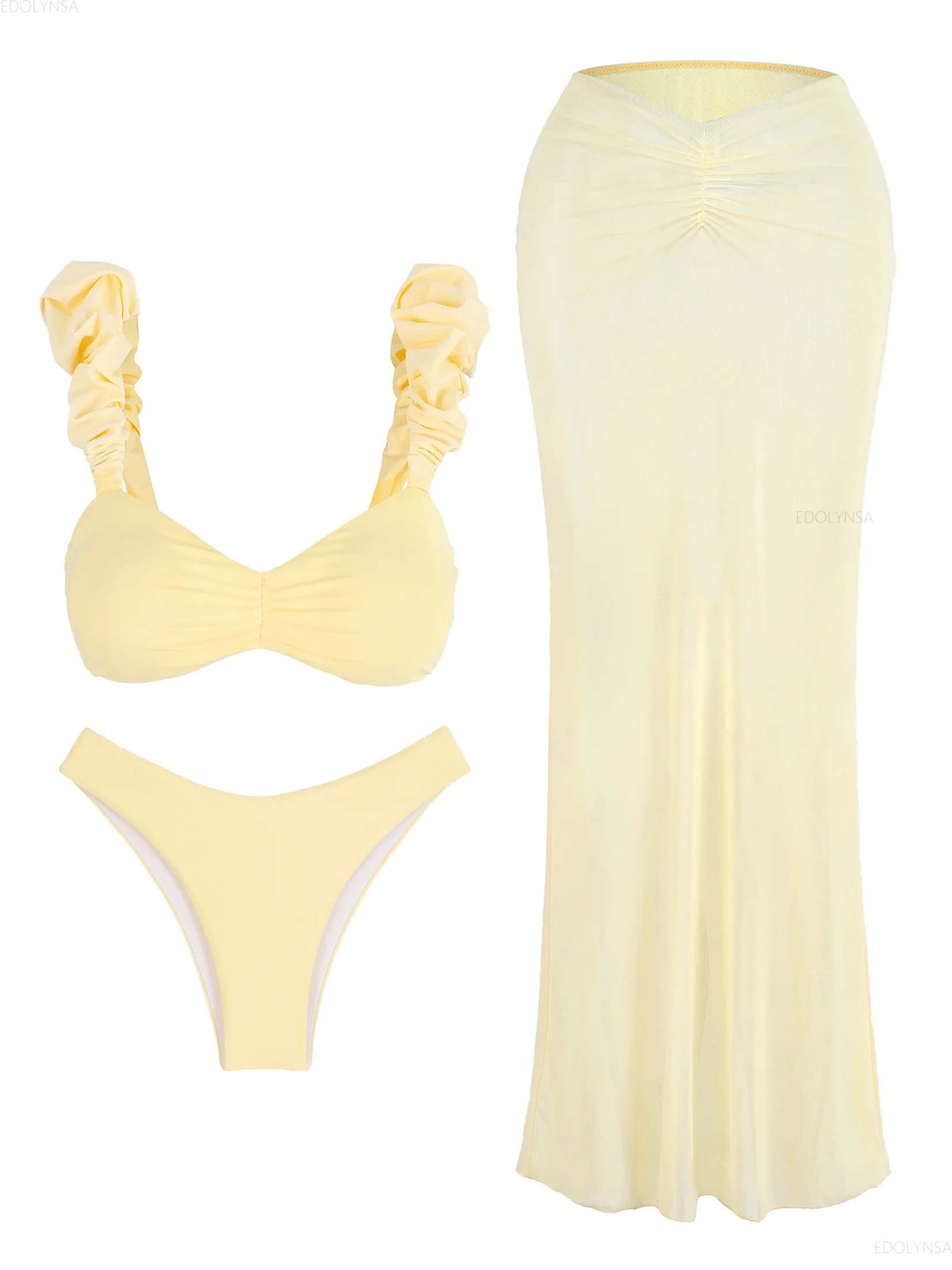 3 Piece Swimsuit with Long Skirt Butter Yellow Twist-Front Bikini Sets Ruched Swimwear Stylish Beachwear Pool Party Outfits K256
