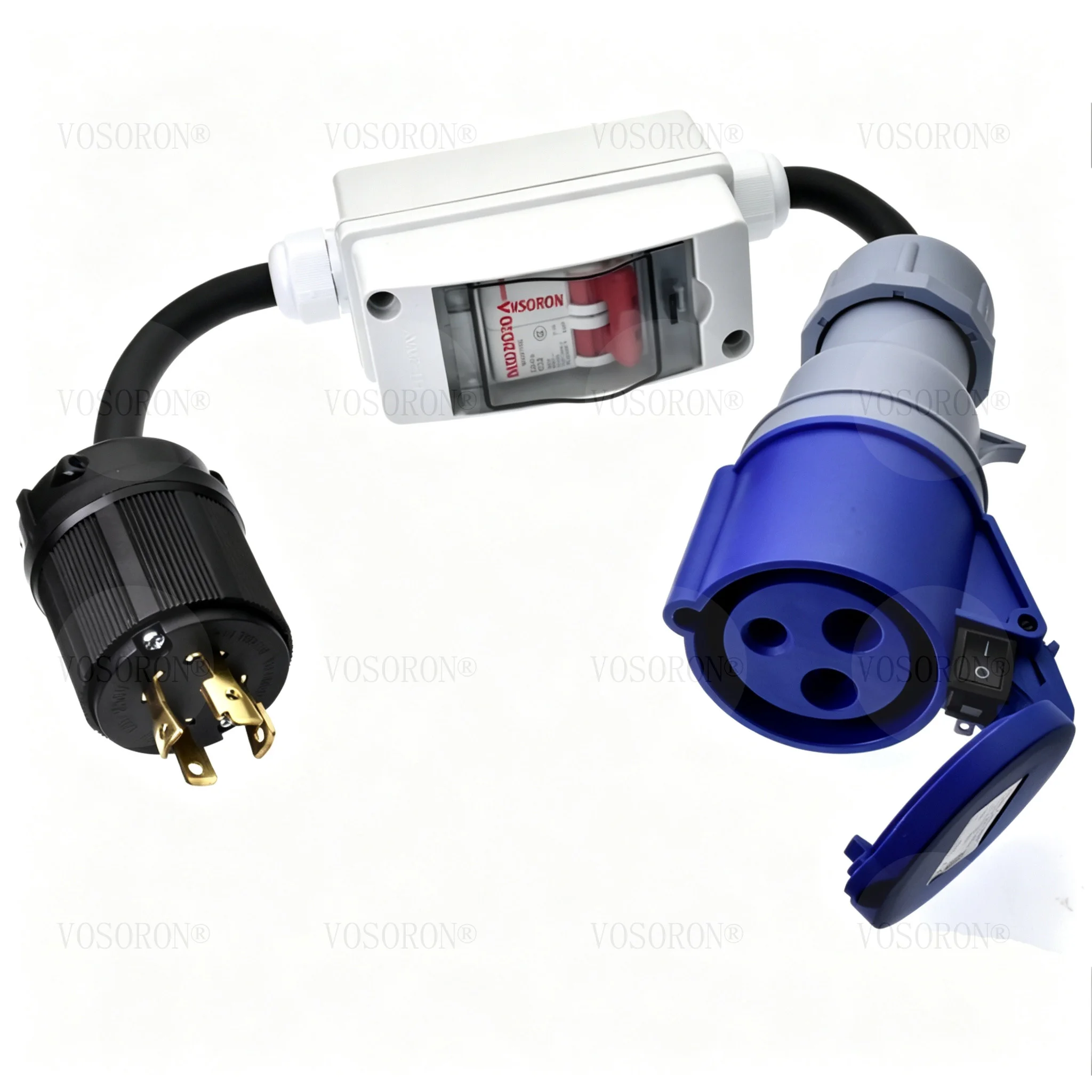 NEMA 14-30P (7.5kW) Male to CEE 3-Pin 32A Single Phase Coupler Adapter with Circuit Breaker C32, High Current Adapter IP44
